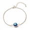 Enamel Evil Eye Link Bracelet with 304 Stainless Steel Rolo Chains for Women, Blue, 7-3/8 inch(18.7cm)