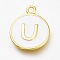 Brass Enamel Pendants, Long-Lasting Plated, Golden, White, Flat Round, Letter.U, 16.5x13x2mm, Hole: 1.5mm