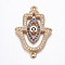 Brass Micro Pave Cubic Zirconia Links, Long-Lasting Plated, Lead Free & Cadmium Free, Hamsa Hand with Eye, Golden, 26x17x3mm, Hole: 0.8mm