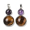 Natural Tiger Eye & Natural Amethyst Pendants, Gourd Charms, with Rack Plating Platinum Tone Brass Findings, Cadmium Free & Lead Free, 35x19.5x7.5mm, Hole: 8x5mm