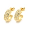 C-Shaped Brass Pave Clear Cubic Zirconia Stud Earrings, Real 16K Gold Plated, 16x6.5mm