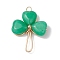 Dyed Natural Malaysia Jade Shamrock Pendants, Clover Charms with Brass Findings, Golden, 27x24x6.5mm, Hole: 2.5mm