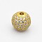 CZ Brass Micro Pave Grade AAA Clear Color Cubic Zirconia Round Beads, Cadmium Free & Nickel Free & Lead Free, Golden, 12mm, Hole: 2mm