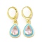 Teardrop Real 18K Gold Plated Brass Dangle Leverback Earrings, with Enamel and Glass, Pink, 29x10mm