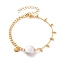 Natural Baroque Pearl Keshi Pearl Link Bracelets, with Brass Curb Chains, 304 Stainless Steel Lobster Claw Clasps and Flat Round Charms, Round, White, Real 18K Gold Plated, 7-1/2 inch(19cm)
