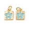Brass Enamel Charms, with Jump Ring, Square with Flower Charm, Real 18K Gold Plated, Cyan, 9x7x1.5mm, Hole: 2.2mm