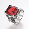 304 Stainless Steel Finger Rings, Solitaire Rings with Cubic Zirconia, Rectangle, Red, 17~22mm