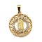 304 Stainless Steel Pendants, with Rhinestone, Religious Theme, PVD Vacuum Plating, Lady of Guadalupe Charm, Golden, Flat Round, 28.5x25x2.5mm, Hole: 3x7mm