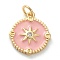 Brass Micro Pave Cubic Zirconia Pendants, with Enamel, Long-Lasting Plated, Real 18K Gold Plated, Flat Round with Sun, Pink, 17x15x2mm, Hole: 3.5mm