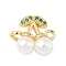 Brass Micro Pave Cubic Zirconia & ABS Plastic Imitation Pearl White Cherry Connector Charms, Real 18K Gold Plated, Rack Plating, Long-Lasting Plated, Cadmium Free & Lead Free, Green, 11.5x14x5mm, Hole: 1.4mm