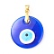 Handmade Lampwork Evil Eye Pendants, with Brass Pinch Bails, Flat Round, Medium Blue, 30x5mm, Hole: 4x5mm