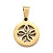 Flat Round with Flower 304 Stainless Steel Pendants, Ion Plating(IP), Real 18K Gold Plated, 17.5x15x2mm, Hole: 7x3.5mm