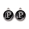 Platinum Plated Alloy Charms, Cadmium Free & Lead Free, with Enamel, Enamelled Sequins, Flat Round with Letter, Letter.P, 14x12x2mm, Hole: 1.5mm