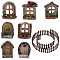 Resin Dollhouse Building Accessories,  including Imitation Wood Door, Window & Garden Fence, for Micro Landscape Decoration, Mixed Color, 32.5~900x16~51x4.5~57mm