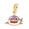 Rack Plating Alloy Enamel Shark European Dangle Charms, Large Hole Pendants, Cadmium Free & Lead Free, Golden, Medium Purple, 30mm, Hole: 4.6mm, Shark: 19.5x23x2.5mm