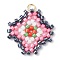 Seed Beads Beaded Charms, with 304 Stainless Steel Jump Ring, Rhombus Pendants, Pink, 23.5x21.5x2mm, Hole: 2.5mm