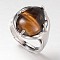 Teardrop Platinum Tone Brass Gemstone Adjustable Wide Band Rings, Tibetan Agate, 18mm, Tray: 20x17mm