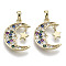 Brass Micro Pave Cubic Zirconia Charms, Nickel Free, Moon with Star, Real 18K Gold Plated, Colorful, 14x10x1mm, Hole: 1x3mm