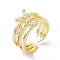 Rack Plating Eco-Friendly Brass Micro Pave Clear Cubic Zirconia Rings, Long-Lasting Plated, Lead Free & Cadmium Free, Butterfly Wide Band Ring, Cuff Ring for Women, Real 18K Gold Plated, 5~9mm, Inner Diameter: 17mm