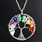 Natural Stone Chip Tree Of Life Chakra Pendant Necklaces, Platinum, Flat Round, 17.72 inch(45cm)