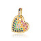 Brass Micro Pave Colorful Cubic Zirconia Pendants, Cadmium Free & Nickel Free & Lead Free, Flat Round with Heart Charms, Real 18K Gold Plated, 24x17x1.8mm