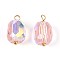 Electroplate Glass Barrel Charms, with 304 Stainless Steel Loop, Real 18K Gold Plated, Faceted, Ion Plating(IP), Pink, 13~14x7.5~8mm, Hole: 1.6~1.8mm
