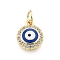 Brass Micro Pave Clear Cubic Zirconia Charms, Cadmium Free & Lead Free, with Enamel and Jump Rings, Golden, Flat Round with Evil Eye, Blue, 11x9.5x2mm, Hole: 3mm