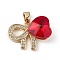 Real 18K Gold Plated Rack Plating Brass Micro Pave Clear Cubic Zirconia Pendants, with Glass, Long-Lasting Plated, Cadmium Free & Lead Free, Bowknot with Heart, Red, 17x22x8mm, Hole: 6x3mm