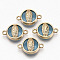 Glass Links connectors, with Light Gold Plated Alloy Findings, Flat Round with Virgin Mary, Light Sky Blue, 13.5x19.5x5.5mm, Hole: 1.6mm