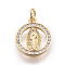 Brass Micro Pave Cubic Zirconia Pendants, Lady of Guadalupe Charms, Lead Free & Cadmium Free, Flat Round with Virgin Mary, Golden, 15.5x13x2mm, Hole: 3mm