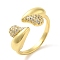 Brass Micro Pave Cubic Zirconia Cuff Rings, Cadmium Free & Lead Free, Heart, Real 16K Gold Plated, US Size 7 1/4(17.5mm)