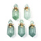 Faceted Natural Fluorite Pendants, Openable Perfume Bottle, with Golden Tone Brass Findings, Hexagon, 40~41.5x15x13.5mm, Hole: 1.8mm, Bottle Capacity: 1ml(0.034 fl. oz)