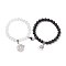 8mm Round Synthetic Black Stone & Transparent Glass Beaded Stretch Bracelet Sets, Halloween Spider & Web Alloy Charm Bracelets with Heart Magnetic Clasps for Couple, Inner Diameter: 2-1/4 inch(5.7cm), Round: 8mm