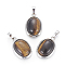 Natural Tiger Eye Pendants, with Brass Findings, Oval, Platinum, 25~26x17~17.5x8~9mm, Hole: 8x5mm