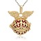 Golden Tone Brass Hollow Round Cage Pendants, with No Hole Spray Painted Brass Round Ball Beads, Round with Wing, Cerise, 31x30x21mm, Hole: 3x8mm