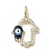 Brass Micro Pave Cubic Zirconia Pendants, with Enamel, Cadmium Free & Nickel Free & Lead Free, with Jump Ring, Real 18K Gold Plated, Hamsa Hand/Hand of Miriam with Evil Eye, Prussian Blue, 16.5x13.5x2mm, Hole: 4mm