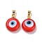 Handmade Lampwork Evil Eye Pendants, with Real 18K Gold Plated Brass Findings, Cadmium Free & Lead Free, Red, 15x12x5mm, Hole: 4.5x3.5mm