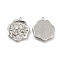 Non-Tarnish 304 Stainless Steel Pendants, Hexagon with Flower Charm, Stainless Steel Color, 18x16x2.5mm, Hole: 1.6mm