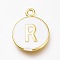 Brass Enamel Pendants, Long-Lasting Plated, Golden, White, Flat Round, Letter.R, 16.5x13x2mm, Hole: 1.5mm