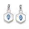 Brass Pave Natural Shell Hexagon Pendants, Dodger Blue Enamel Evil Eye Charms, Platinum, 21x13x3.5mm, Hole: 5x2mm