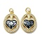 Brass Micro Pave Cubic Zirconia Pendants, Cadmium Free & Lead Free, with Enamel Shell, Oval with Heart, Black, 21x14x4mm