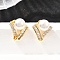 Round Brass Micro Pave Clear Cubic Zirconia Stud Earrings, with Plastic Imitation Pearl, Cadmium Free & Lead Free, Golden, 16x14mm