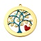 304 Stainless Steel Enamel Pendants, with Rhinestone, Flat Round with Tree of Life Charm, PVD Vacuum Plating, Real 18K Gold Plated, 38x35x2.5mm, Hole: 2mm
