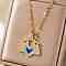 Brass Blue Enamel Fan with Heart Pendant Necklaces, with Clear Cubic Zirconia, Perfect for Daily Wear, Golden, 15.75 inch(40cm)