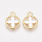 Alloy Pendants, Cadmium Free & Lead Free, with Enamel, Flat Round with Flower, Light Gold, White, 16x13x1.5mm, Hole: 2mm