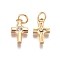 Brass Charms, with Cubic Zirconia and Jump Rings, Cross, Clear, Golden, 12x8x2mm, Hole: 3mm