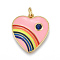 Brass Micro Pave Cubic Zirconia Pendants, with Enamel, Real 18K Gold Plated, Heart with Rainbow, Pink, 19x18x2mm, Hole: 3mm, Jump Rings: 5x1mm
