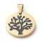 Ion Plating(IP) 304 Stainless Steel Pendants, with Enamel, Manual Polishing, Flat Round with Tree, Golden, 25x3mm, Hole: 7.5x5mm