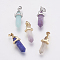 Brass Natural Mixed Stone Double Terminated Pointed Pendants, Bullet, 17~20x7x6.5mm, Hole: 2x4mm