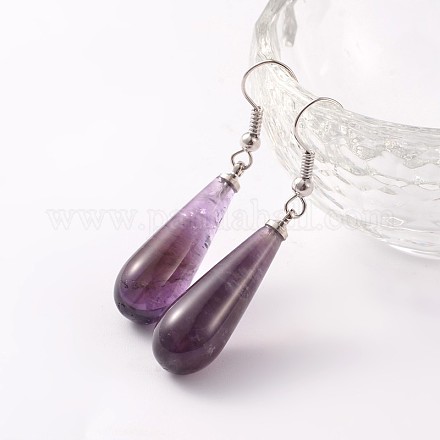 Серьги-подвески из латуни платинового тона в форме капли с натуральным аметистом EJEW-M058-05-1